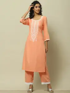 Rangriti Floral Yoke Design Round Neck Thread Work Straight Kurta
