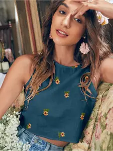 AAHWAN Floral Embroidered Cotton Tank Crop Top