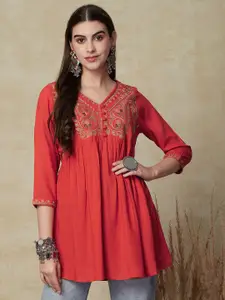 FASHOR Floral Embroidered V-Neck Thread Work Pleated A-Line Kurti
