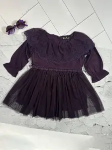 Bella Moda Girls Self Design Satin Round Neck Long Sleeves Fit & Flare Casual Dress