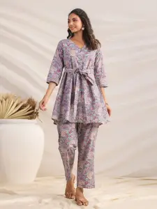 Janasya Grey Printed Pure Cotton V-Neck Top & Trouser Co-ord Set