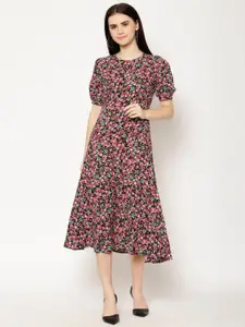 HOUSE OF KKARMA Floral Print Round Neck Puff Sleeve Crepe Fit & Flare Midi Dress