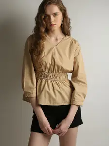 Vero Moda Cotton V-Neck Smocking Cuffed Sleeves Cinched Waist Top