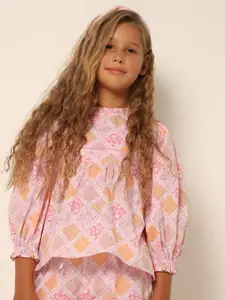Vero Moda Girls Geometric Printed High Neck Cuffed Sleeves Cotton Blouson Top