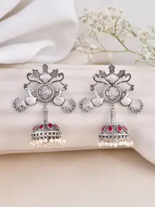 DASTOOR Silver Plated Oxidised Stone Studded Jhumkas