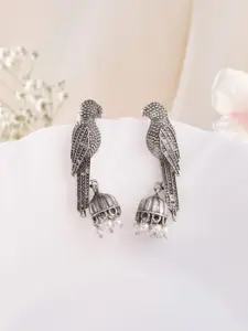 DASTOOR Silver-Plated Contemporary Oxidised Jhumkas