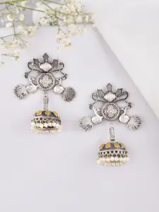 DASTOOR Silver-Plated Contemporary Oxidised Jhumkas