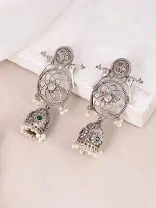 DASTOOR Silver-Plated Contemporary Oxidised Jhumkas