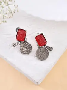 DASTOOR Silver Plated Oxidised Stone Studded Drop Earrings