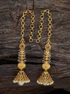 Kushal's Fashion Jewellery Gold-Plated Rubby-Studded & Beaded Dome Shaped Jhumkas
