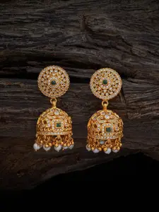 Kushal's Fashion Jewellery 92.5 Pure Silver Gold-Plated Stones Studded Dome Shaped Jhumkas