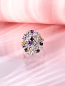 Voylla Rhodium-Plated Cubic Zirconia-Studded Mosaic Refined Glam Adjustable Ring