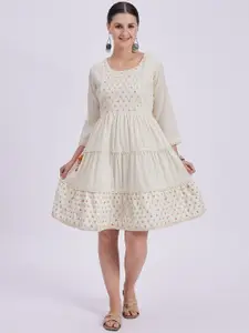 Knitstudio Round Neck Floral Embroidered A Line Pure Cotton Dress