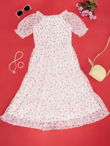 Pantaloons Junior Round Neck Short Puff Sleeves Floral Print Fit & Flare Dress