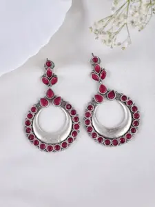 DASTOOR Silver-Plated Stone Studded Contemporary Oxidised Drop Earrings