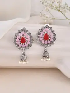 DASTOOR Silver-Plated Beaded & Stone Studded Classic Jhumkas