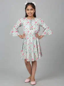 Cantabil Girls Floral Printed Tie-Up Neck Bell Sleeves Fit & Flare Dress
