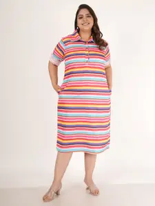 Flambeur Plus Size Striped Crepe T-shirt Midi Dress