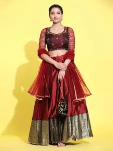 Fabcartz Embroidered Thread Work Semi-Stitched Lehenga & Unstitched Blouse With Dupatta