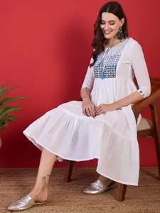 Anouk Embroidered Tie-Up Neck Tiered Cotton Midi Ethnic dress