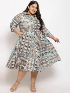 Amydus Plus Size Ethnic Motifs Print Cotton Shirt Midi Dress