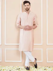 See Designs Striped Embroidered Mandarin Collar Sequins Chanderi Silk Straight Kurta