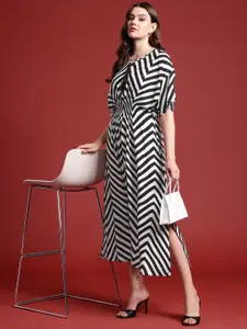 all about you Striped Tie-Up Neck Batwing Sleeves Fit & Flare Midi Dress