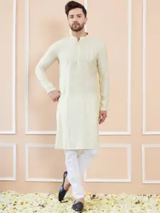 See Designs Mandarin Collar Striped Thread Work Chanderi Silk Straight Kurta