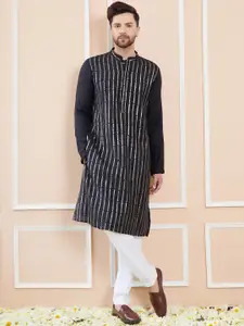 See Designs Striped Mandarin Collar Sequins Chanderi Silk A-Line Kurta