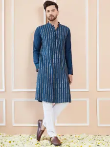 See Designs Striped Embroidered Sequinned Chanderi Silk Straight Kurta With Pyjamas