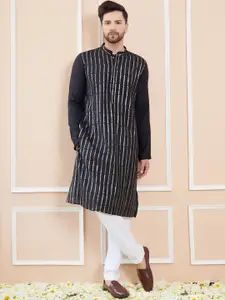See Designs Striped Embroidered Sequinned Chanderi Silk Straight Kurta With Pyjamas