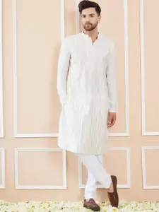 See Designs Striped Embroidered Thread Work Chanderi Silk Straight Kurta With Pyjamas