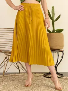 Berrylush Yellow High-Rise Pleated Flared Midi Skirt