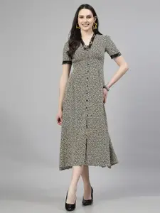 aayu Print Crepe V-Neck Short Sleeves Shirt Midi Casual Dress