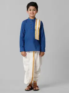 Ramraj Boys Woven Design Mandarin Collar Straight Kurta with Panchakacham & Angavastram