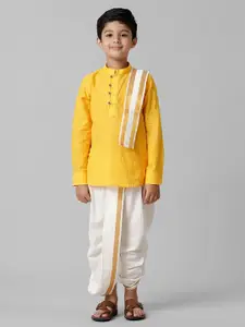 Ramraj Boys Woven Design Mandarin Collar Straight Kurta with Panchakacham & Angavastram