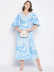 Fashfun Print Flared Sleeve Crepe A-Line Midi Dress