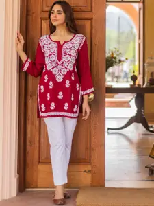 HOUSE OF KARI Floral Embroidered Round Neck Long Sleeves Chikankari Straight Kurti