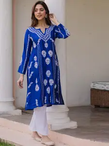 HOUSE OF KARI Floral Embroidery Round Neck Long Sleeves Thread Work Straight Kurta
