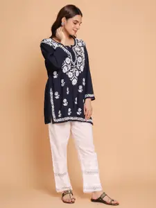 HOUSE OF KARI Floral Embroidered Round Neck Long Sleeves Straight Kurti