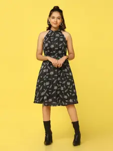 BAESD Halter Neck Floral Print Georgette Fit & Flare Dress
