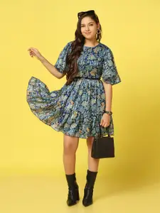 BAESD Floral Print Flared Sleeve Georgette Fit & Flare Dress