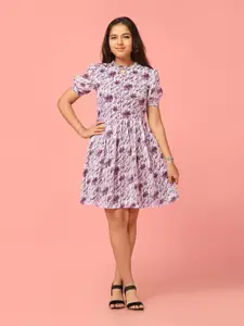 BAESD Key hole Neck Floral Print Puff Sleeves Georgette Fit & Flare Dress