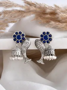 DASTOOR Silver-Plated Beaded Contemporary Oxidised Jhumkas