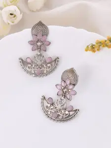 DASTOOR Silver-Plated Stone Studded Contemporary Oxidised Drop Earrings