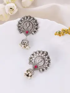 DASTOOR Silver-Plated Contemporary Oxidised Jhumkas