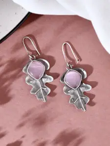 DASTOOR Silver Stone-Studded Leaf Shaped Oxidised Drop Earrings