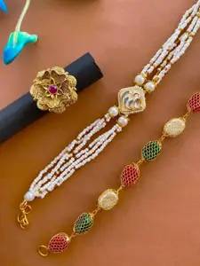 ATIBELLE Set of 3 Gold-Plated Stone Studded Bracelet & Ring Jewellery Set