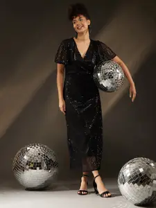 BAESD V-Neck Flared Sleeves Embellished Sequins Detail Net Maxi Dress