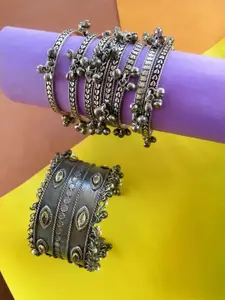ATIBELLE Set Of 9 Silver Plated Kundan Studded & Ghunghroo Beaded Bangles